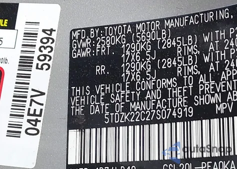 2007 Toyota Sienna Xle z USA, uszkodzony, nr VIN 5TDZK22C27S074919